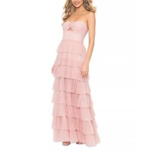 AQUA Women Pink Prom Cut Out Ruffle Tiered Fit & Flare Maxi Gown Dress Size US 2